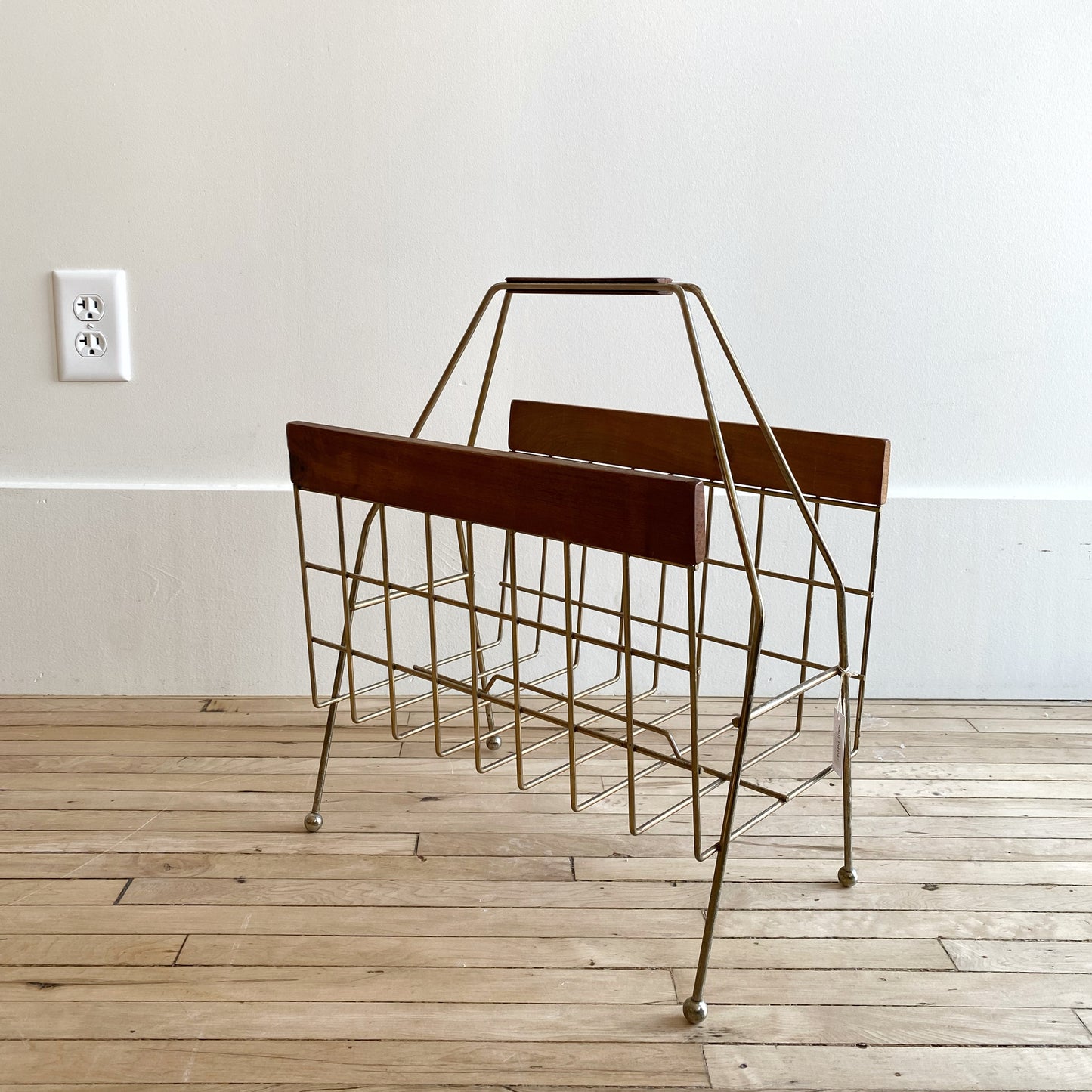 Vintage MCM Wire + Wood Magazine Rack