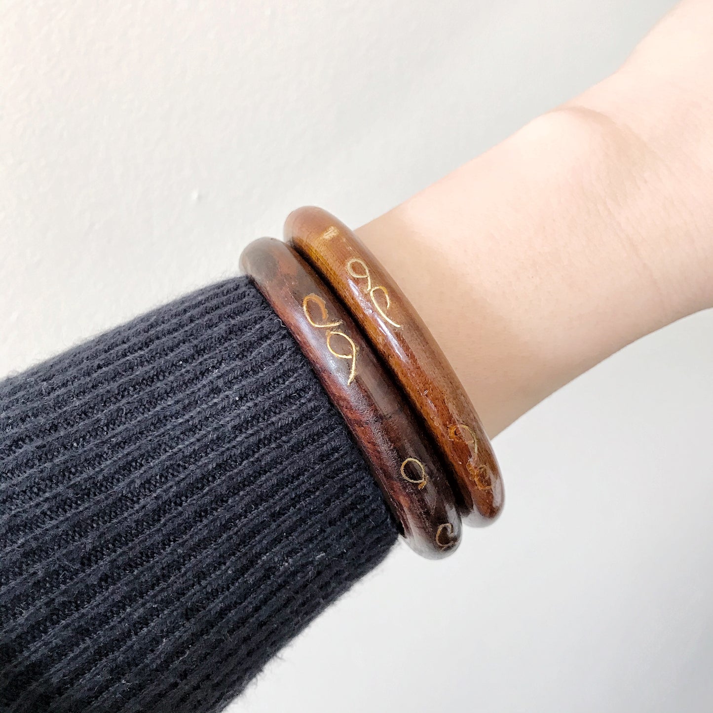 Pair of Vintage Wood Bangles with Brass Inlay