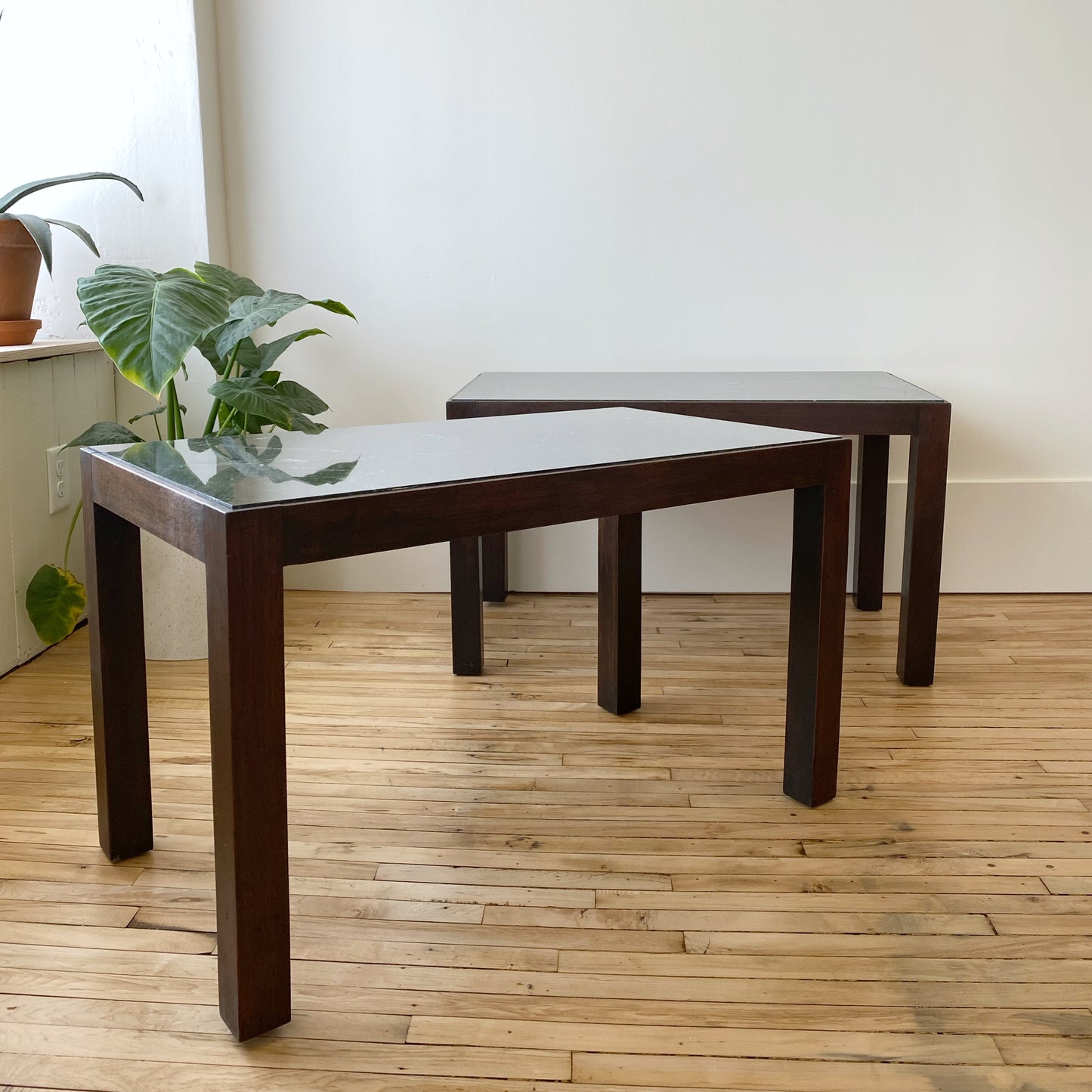 Vintage Walnut + Marble Parsons End Table (SINGLE)