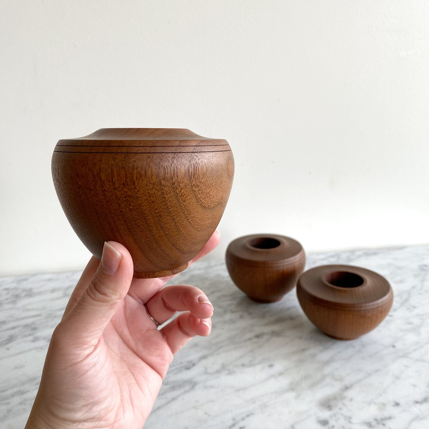 Trio of Vintage Turned Walnut Wood Candle Holders