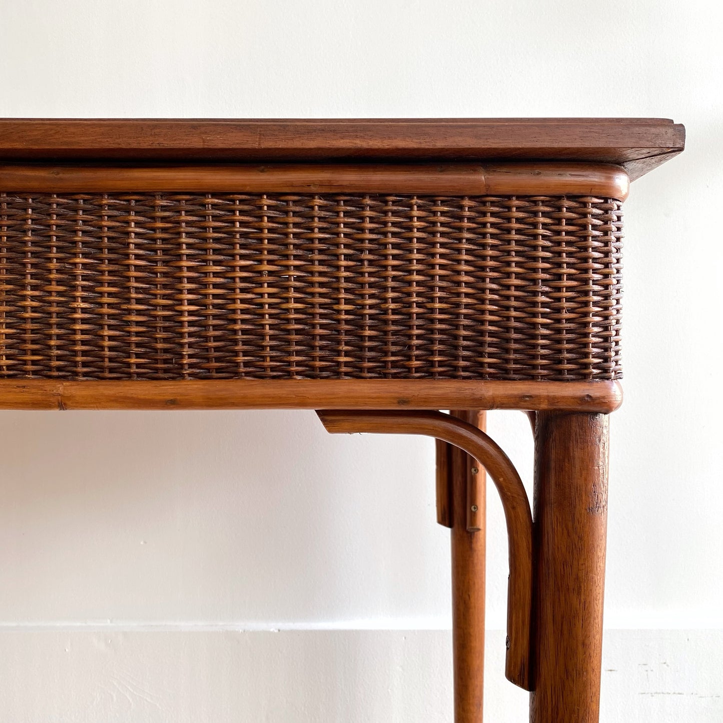 Dark Wicker Desk / Vanity with Glass Top