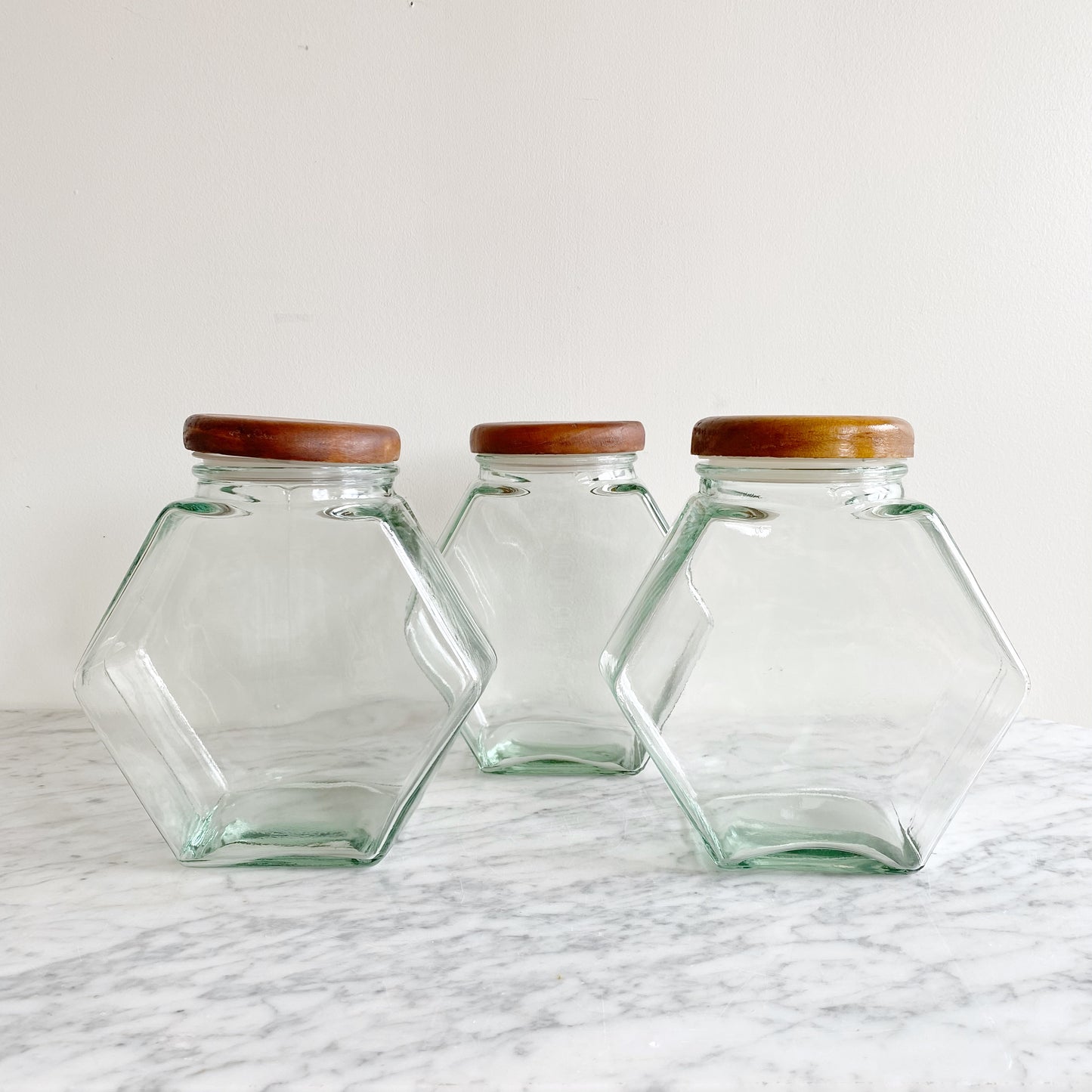 Vintage Glass Hexagon Container with Wood Lid