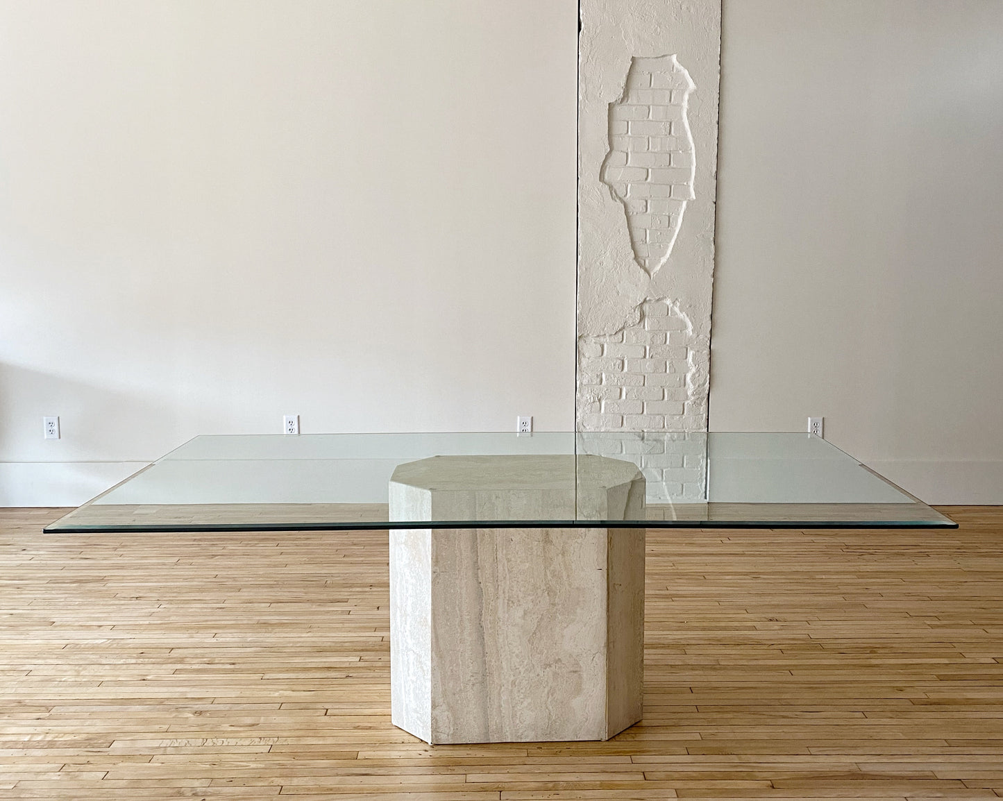 Vintage 7' Travertine Marble + Glass Dining Table