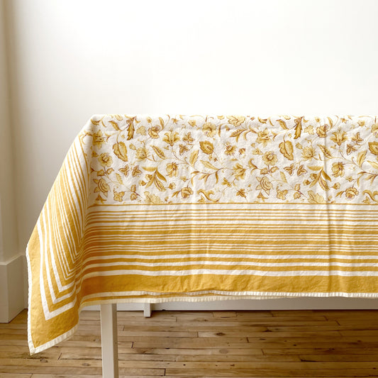 Vintage Yellow Floral Cotton Tablecloth (70 x 108)