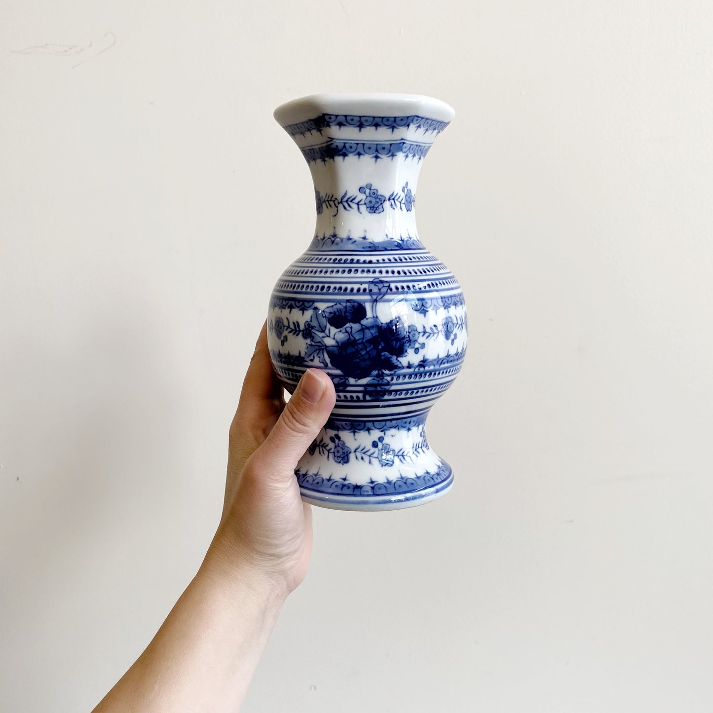 Vintage Blue + White Porcelain Vase, 8"