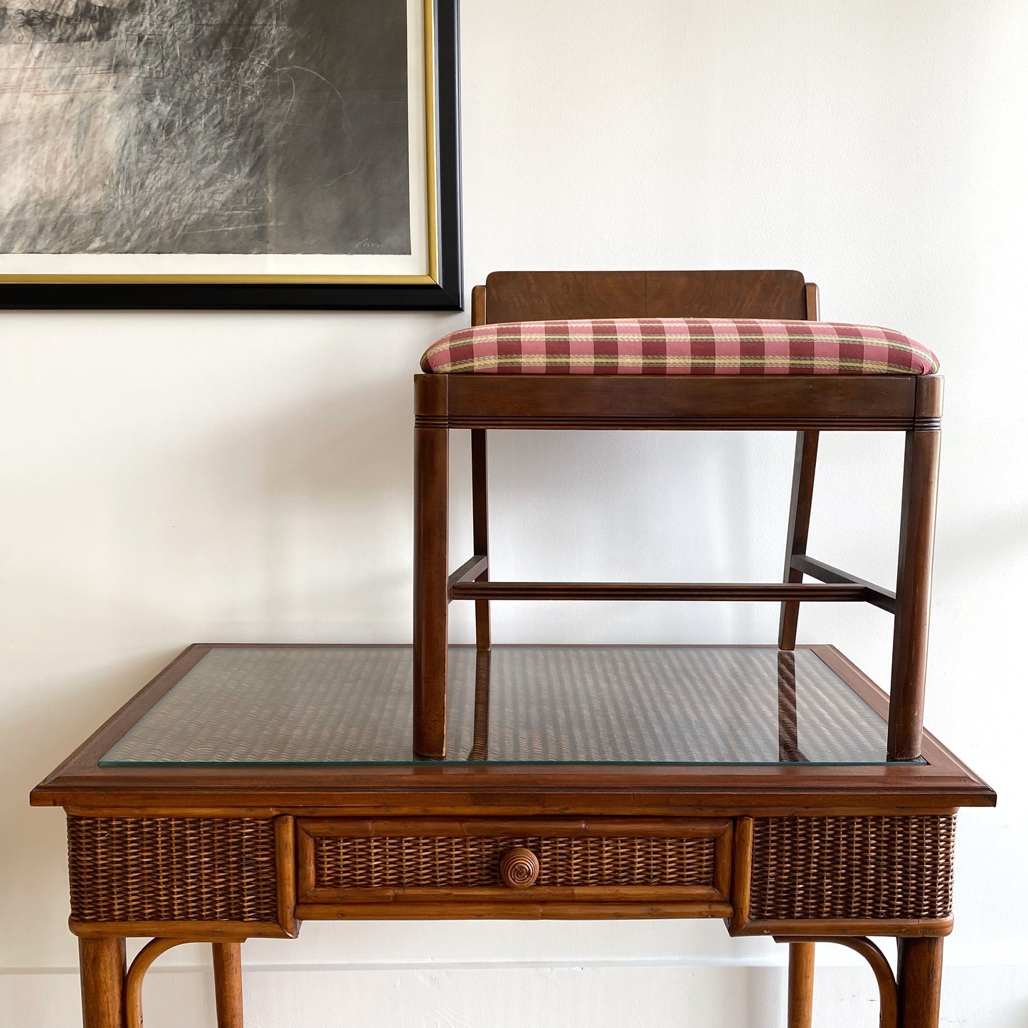 Antique Vanity Stool with Silk Plaid Seat