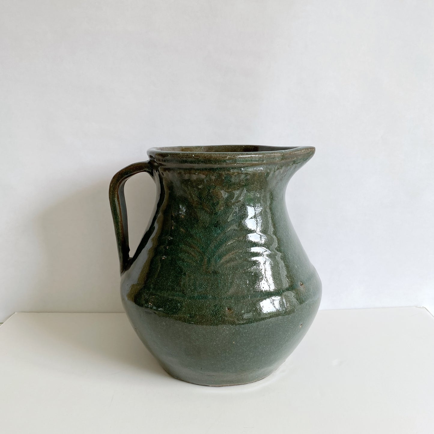 X-Large Handcrafted Green Stoneware Pitcher Vase