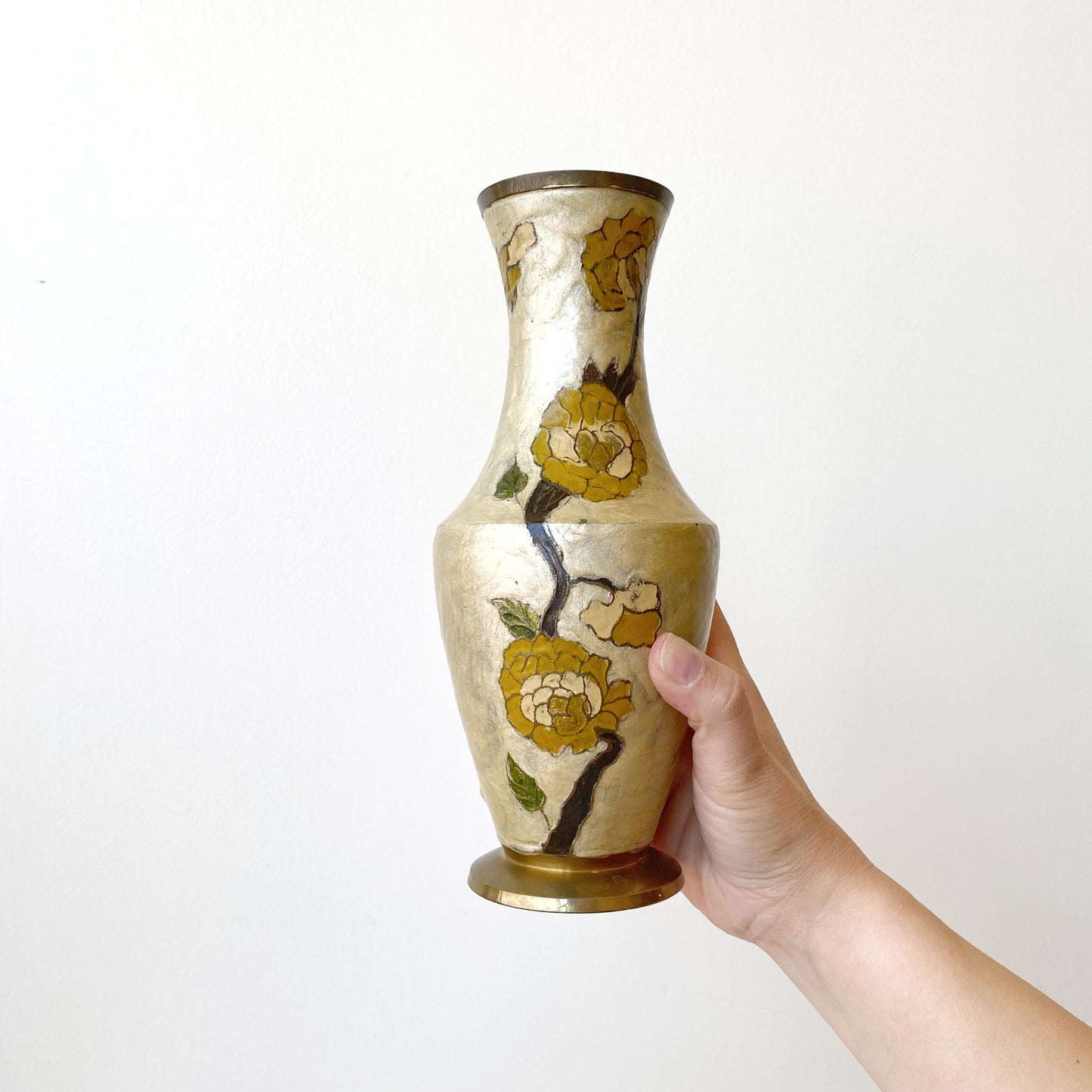 Large Vintage Enameled Brass Flower Vase