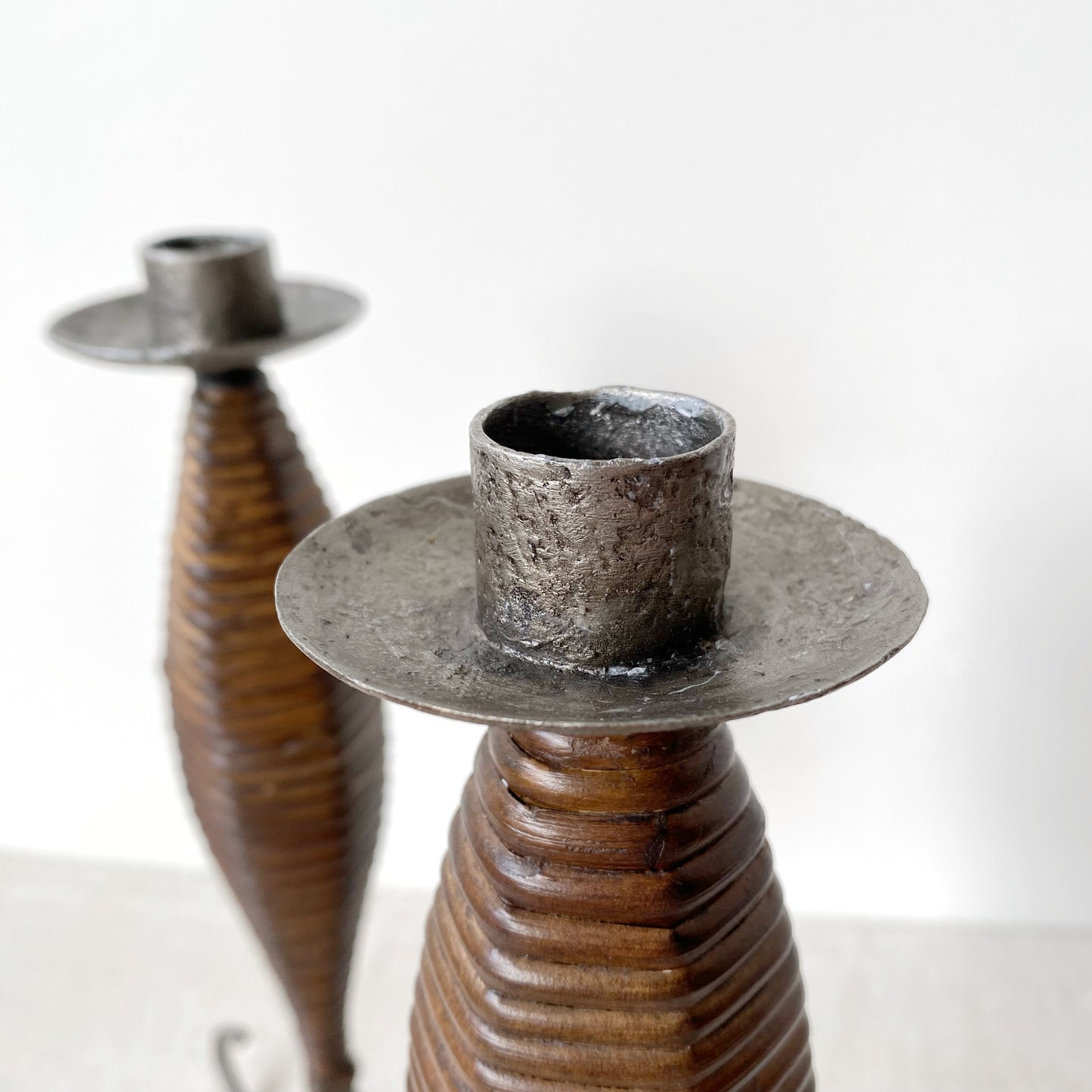 Pair of Vintage Wicker and Metal Candle Holders
