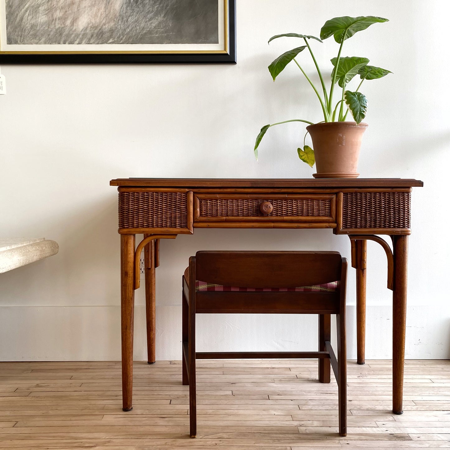 Dark Wicker Desk / Vanity with Glass Top