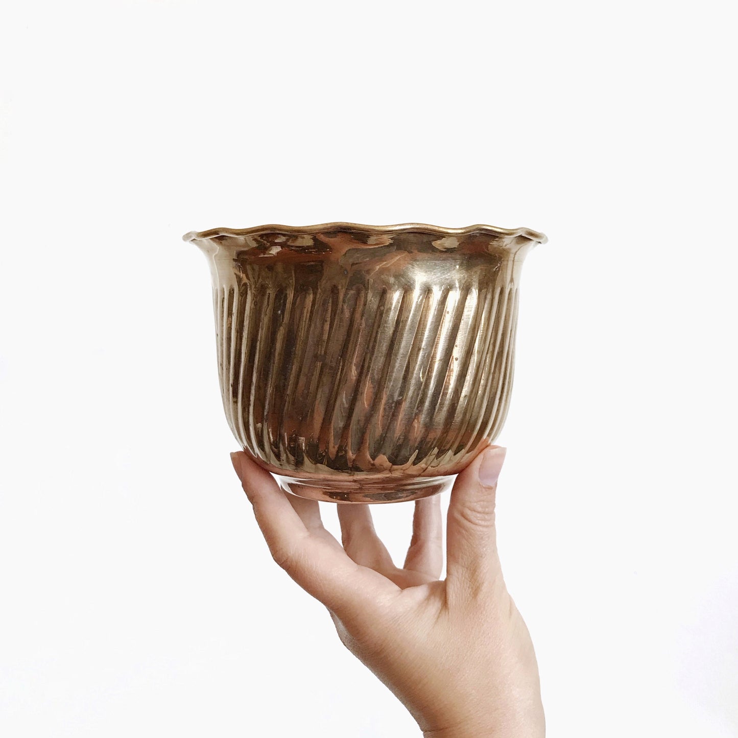 Vintage Brass Planter with Angled Ribbing
