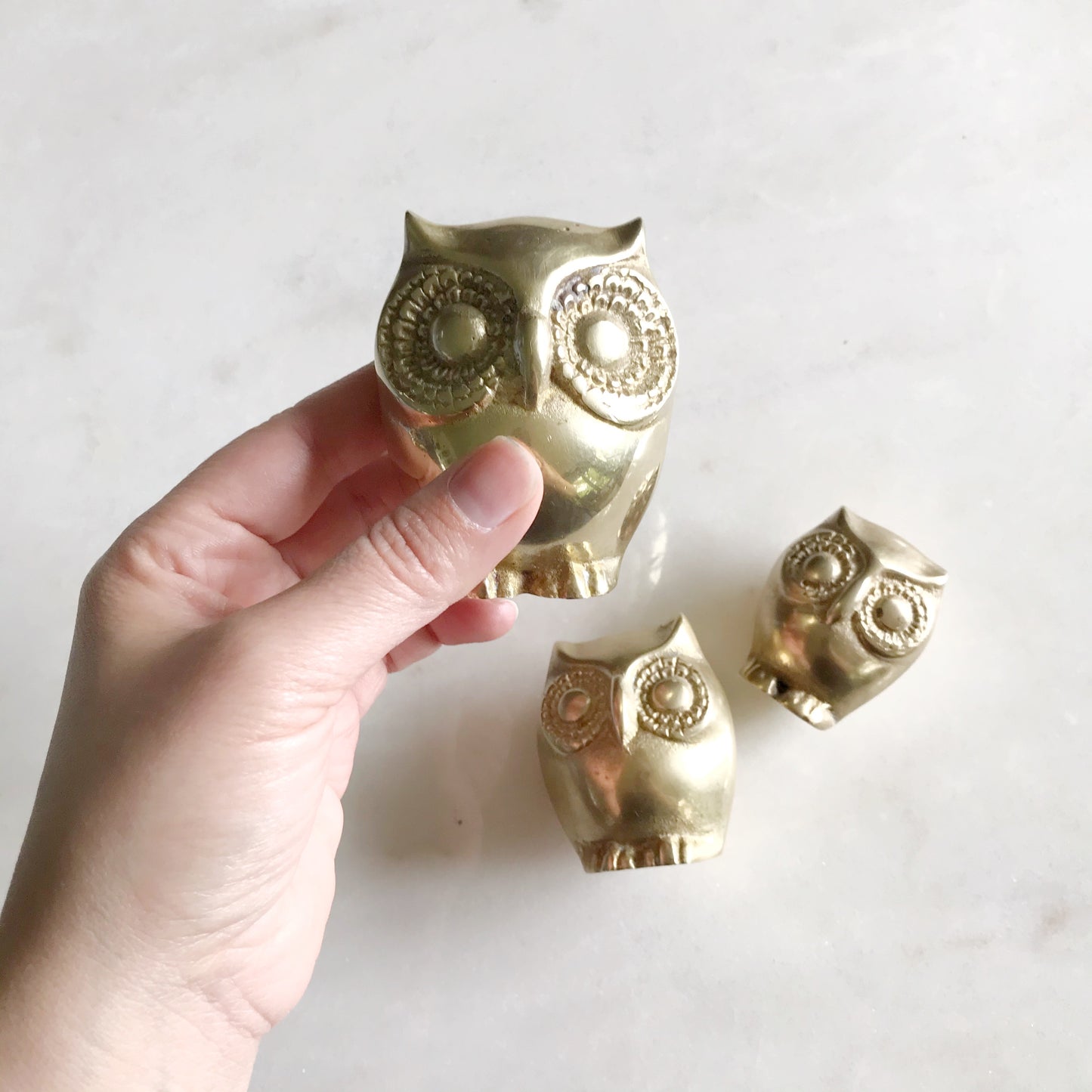 Vintage Brass Owl Family Trio