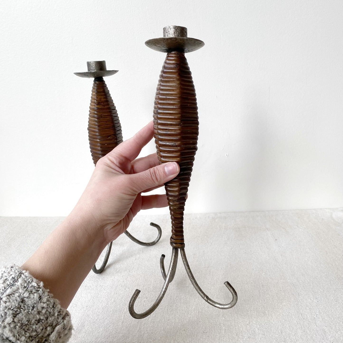 Pair of Vintage Wicker and Metal Candle Holders