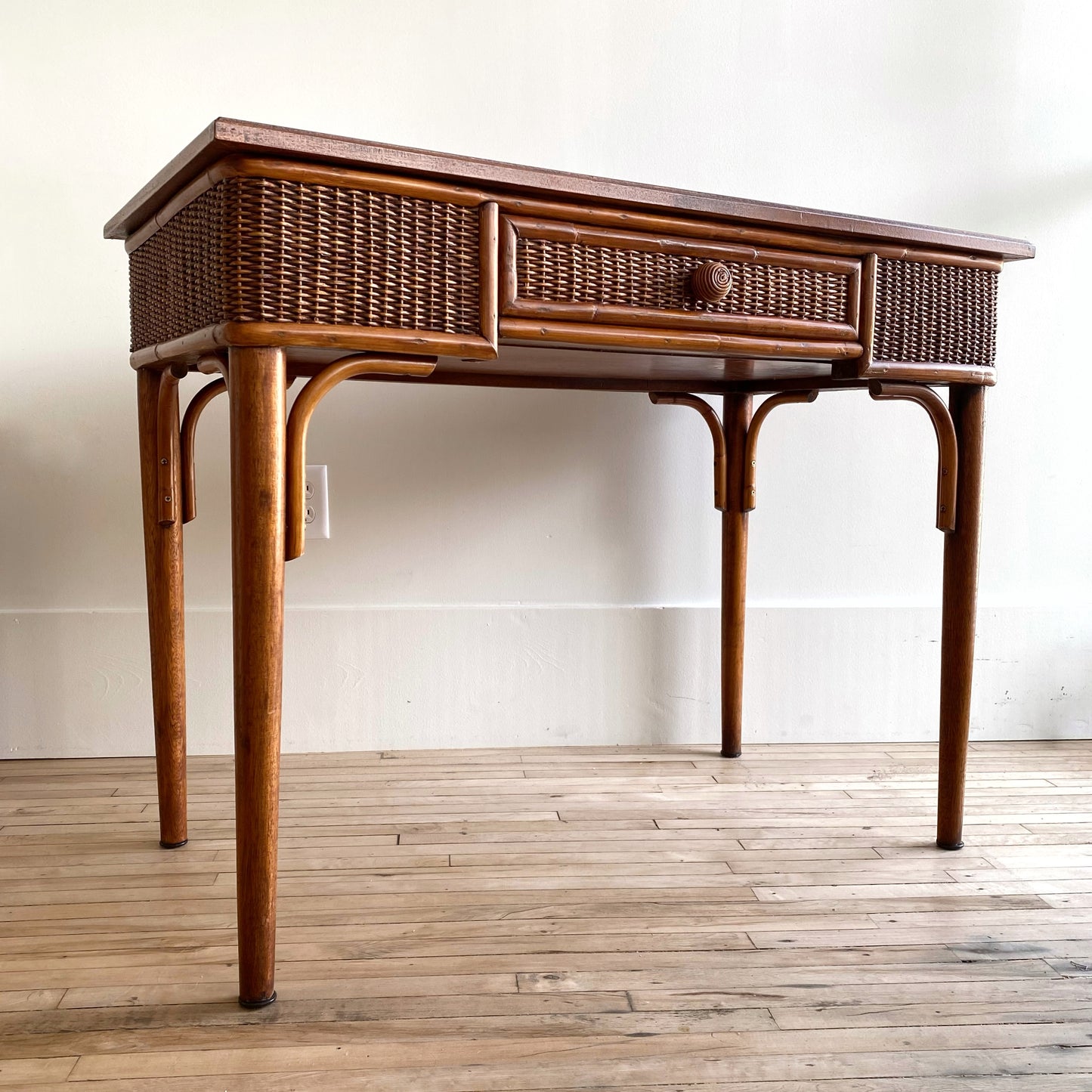 Dark Wicker Desk / Vanity with Glass Top