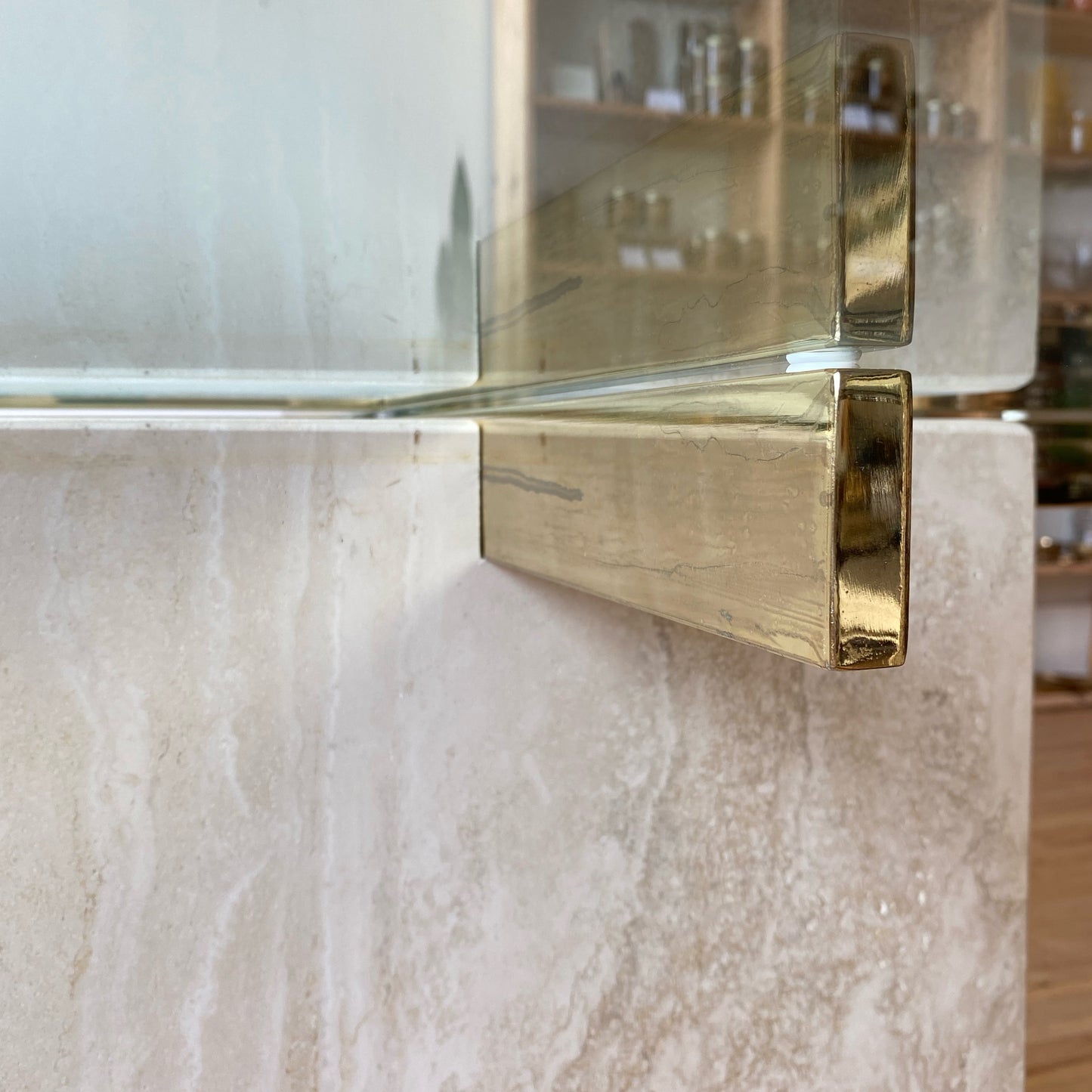 Vintage Italian Travertine + Glass Dining Table