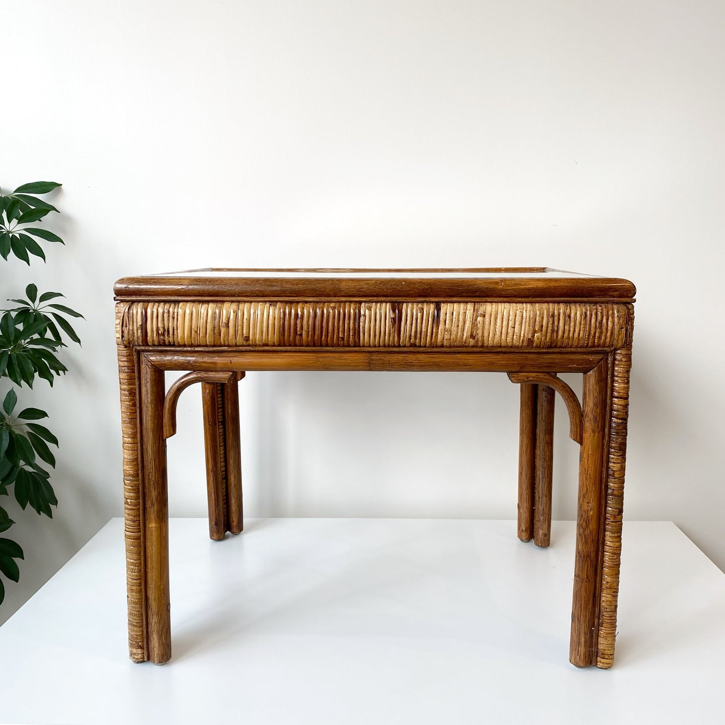 Vintage Rattan + Glass End Table / Side Table