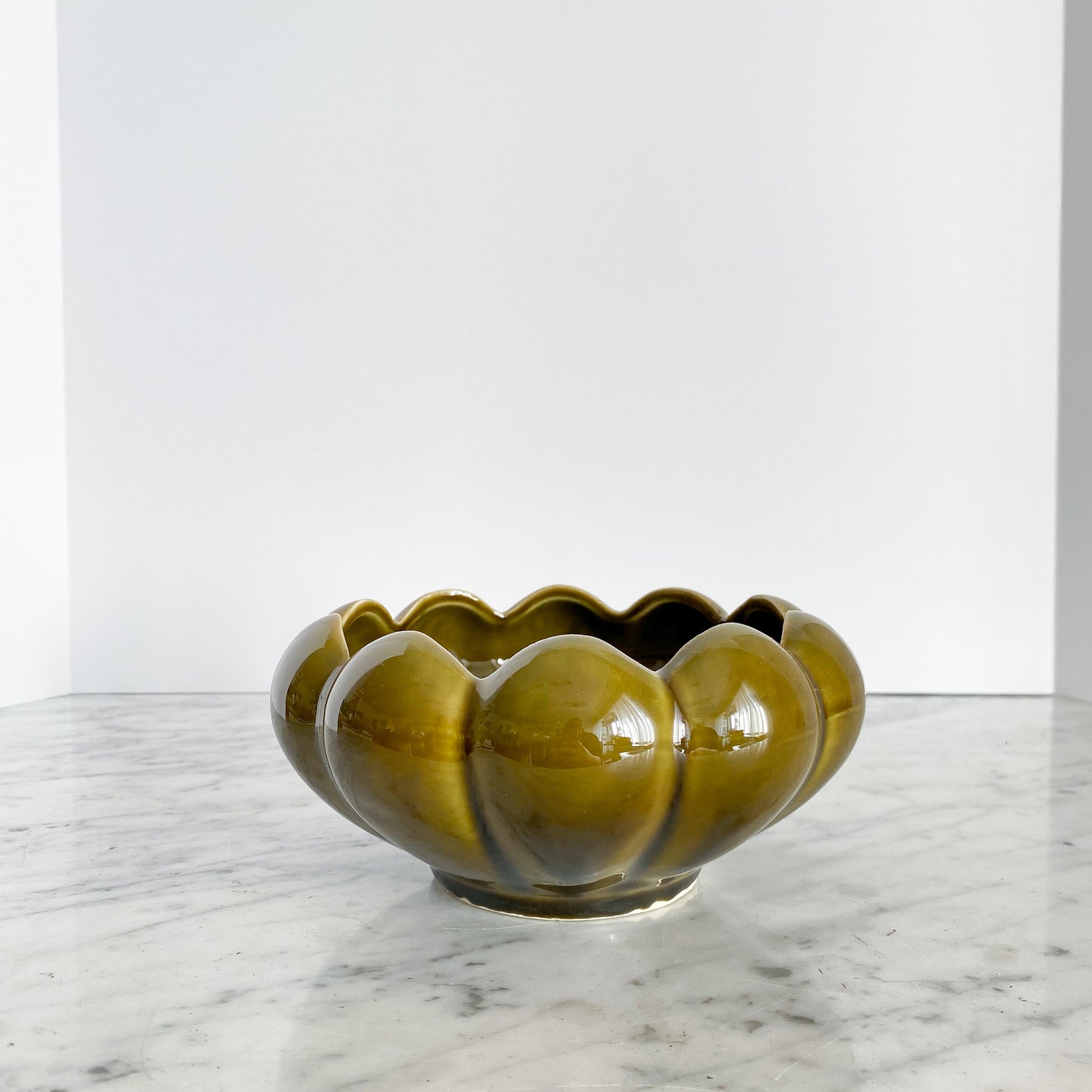 Vintage Ceramic Scalloped Planter in Olive