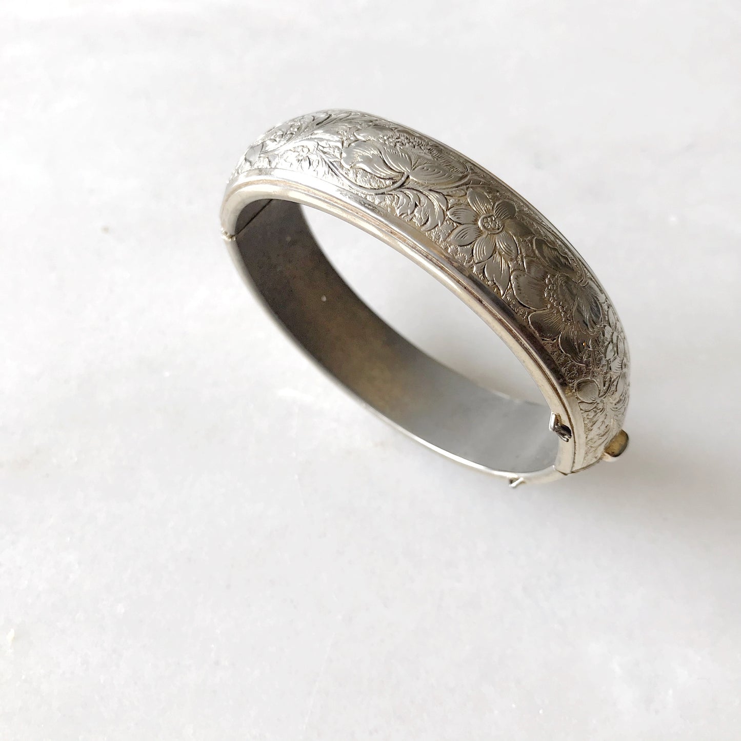 Vintage Silver Etched Floral Clip Bracelet