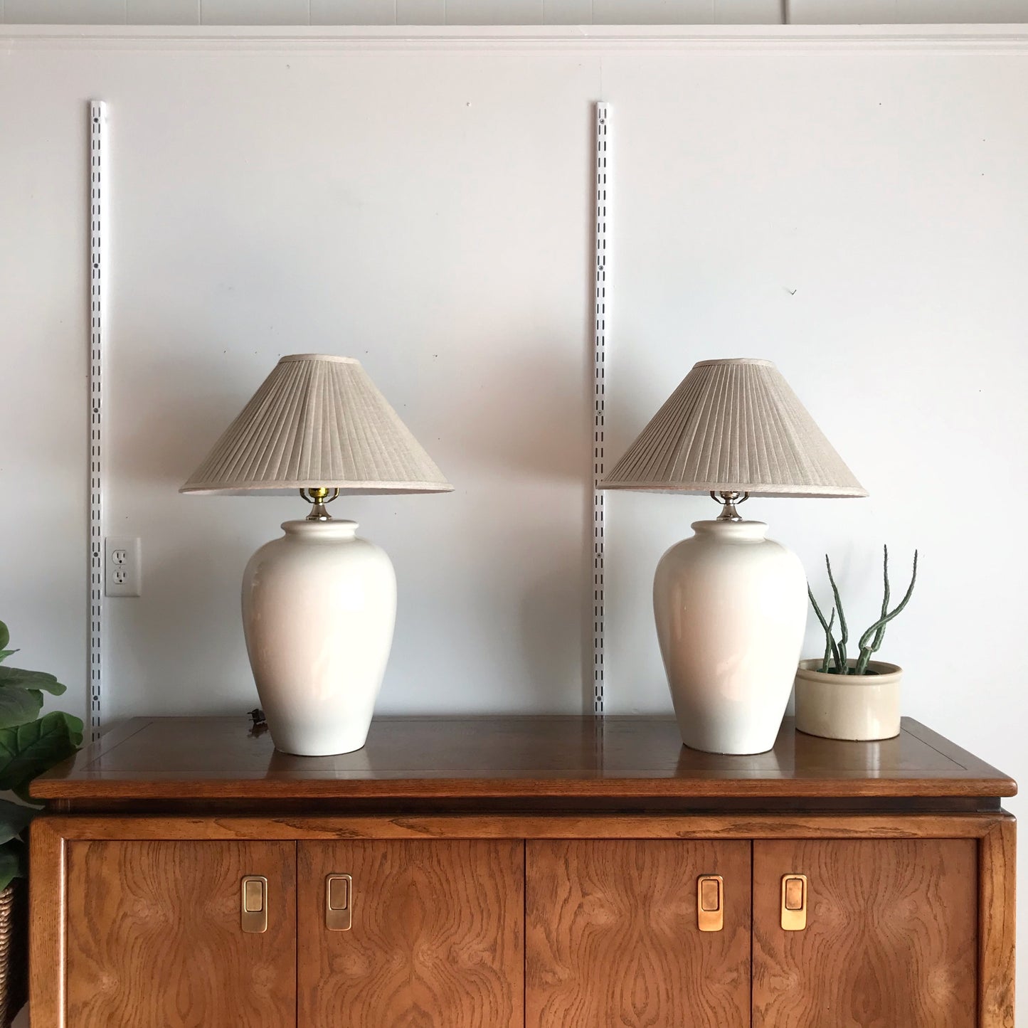 PAIR of XL Vintage Ceramic Lamps with Pleated Shades