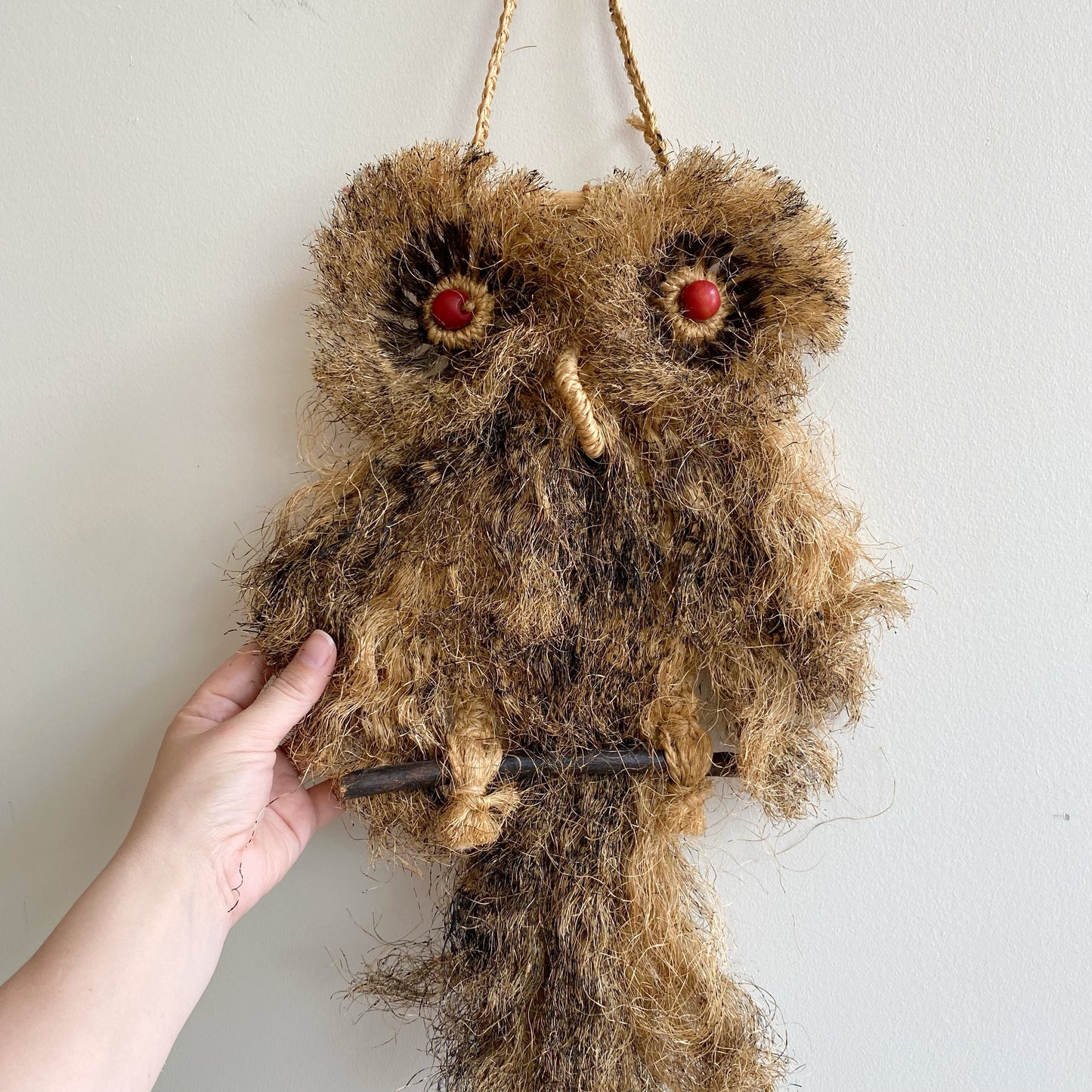 Vintage Natural Macrame Owl, Red Eyes