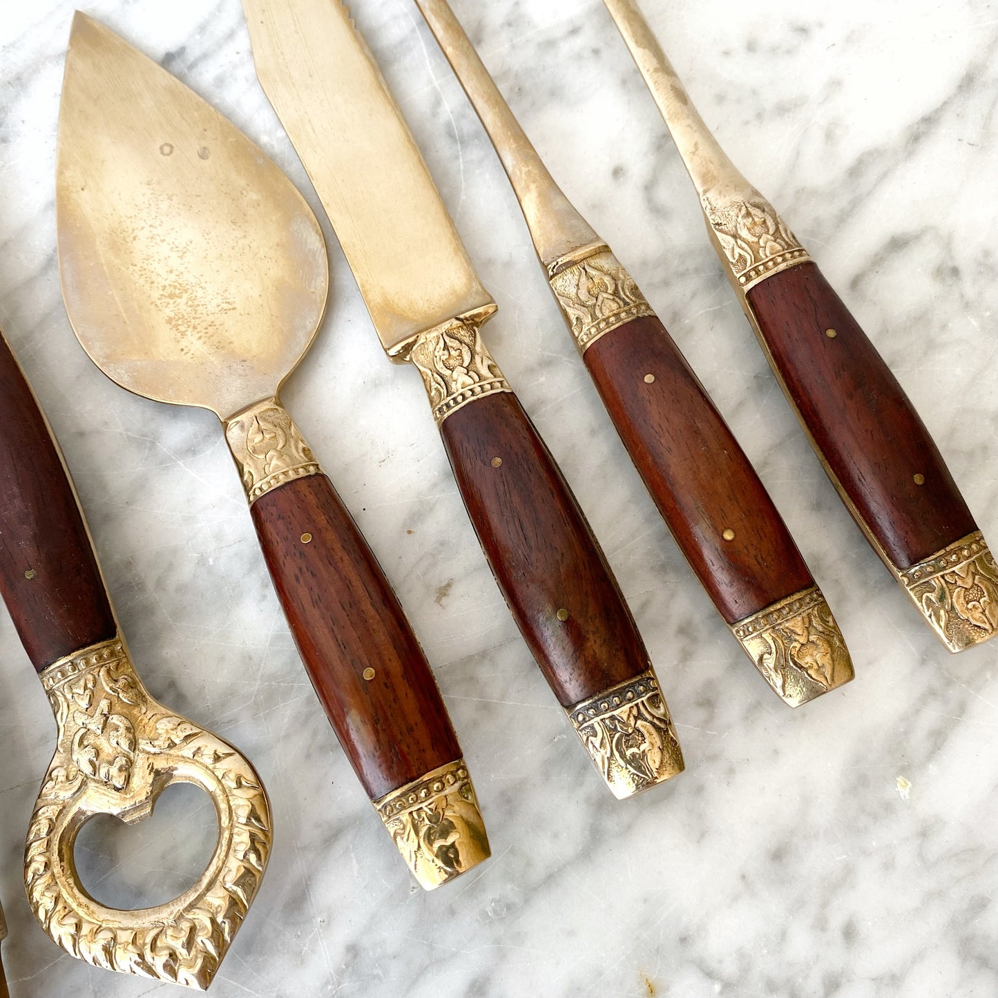 Vintage Solid Brass + Rosewood Bar Set, 7-piece