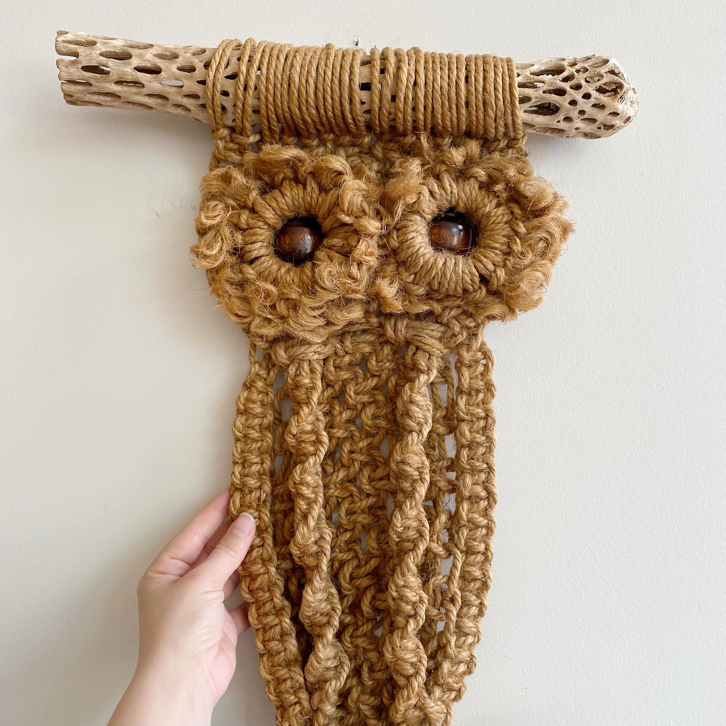 XL Vintage Macrame Owl with Dried Cactus