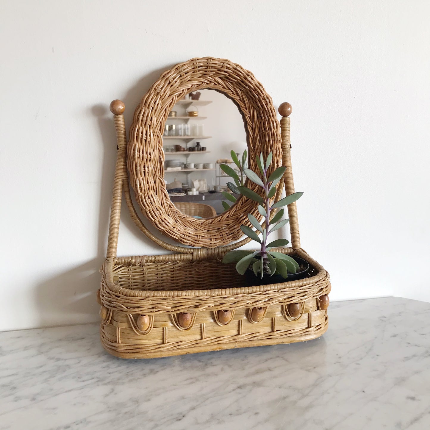 Vintage Wicker Vanity Shelf with Mirror