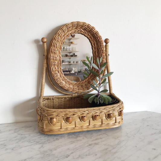 Vintage Wicker Vanity Shelf with Mirror