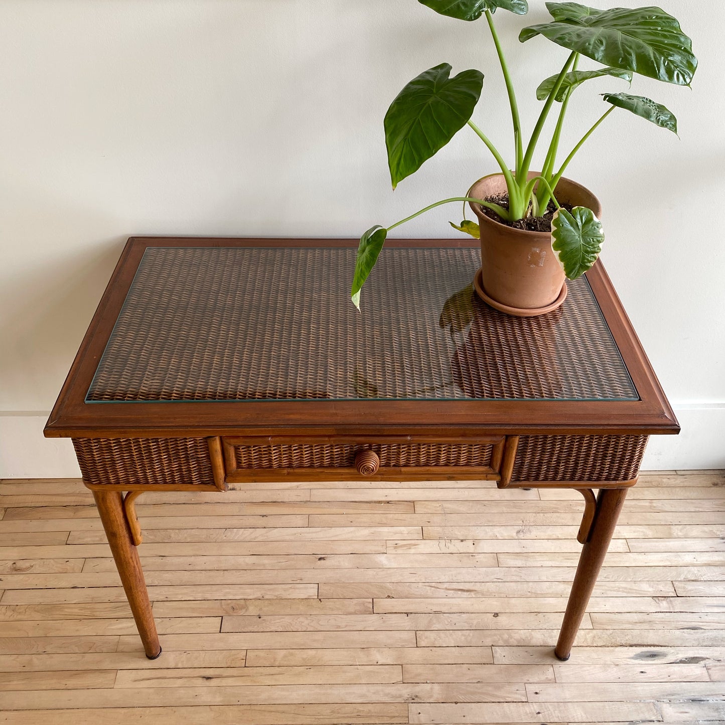 Dark Wicker Desk / Vanity with Glass Top
