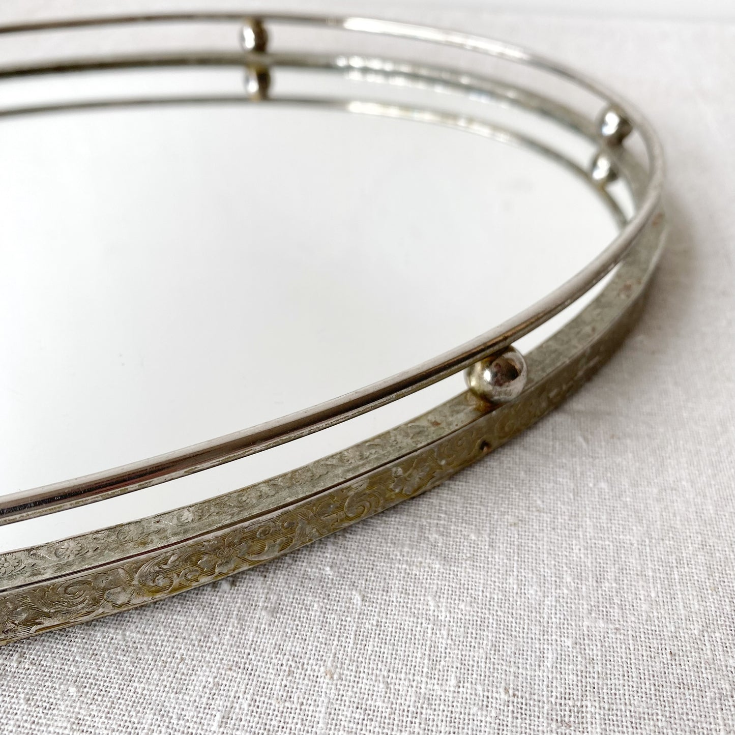 Vintage Oval Mirrored Tray with Silver Rim + Rail