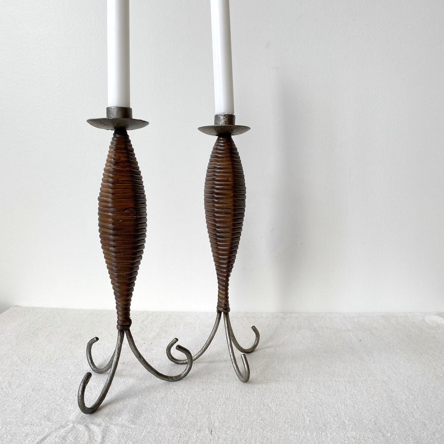 Pair of Vintage Wicker and Metal Candle Holders