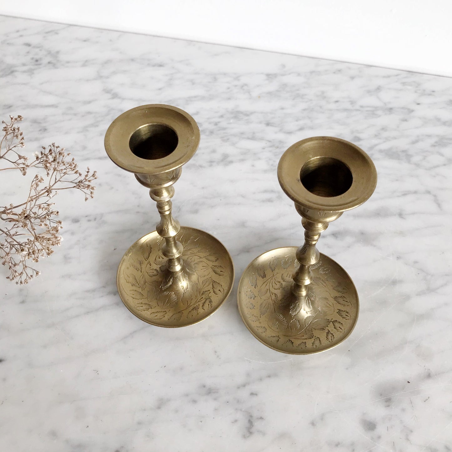 Pair of Vintage Etched Brass Candle Holders