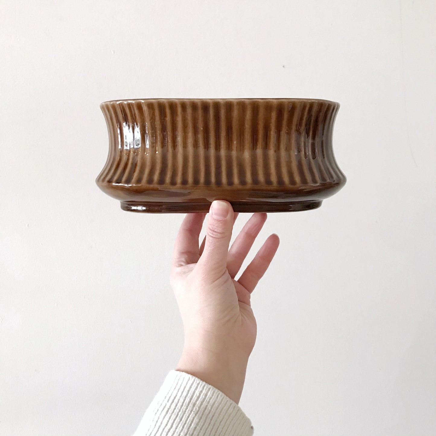 Vintage Ceramic Planter, Brown Ribbed