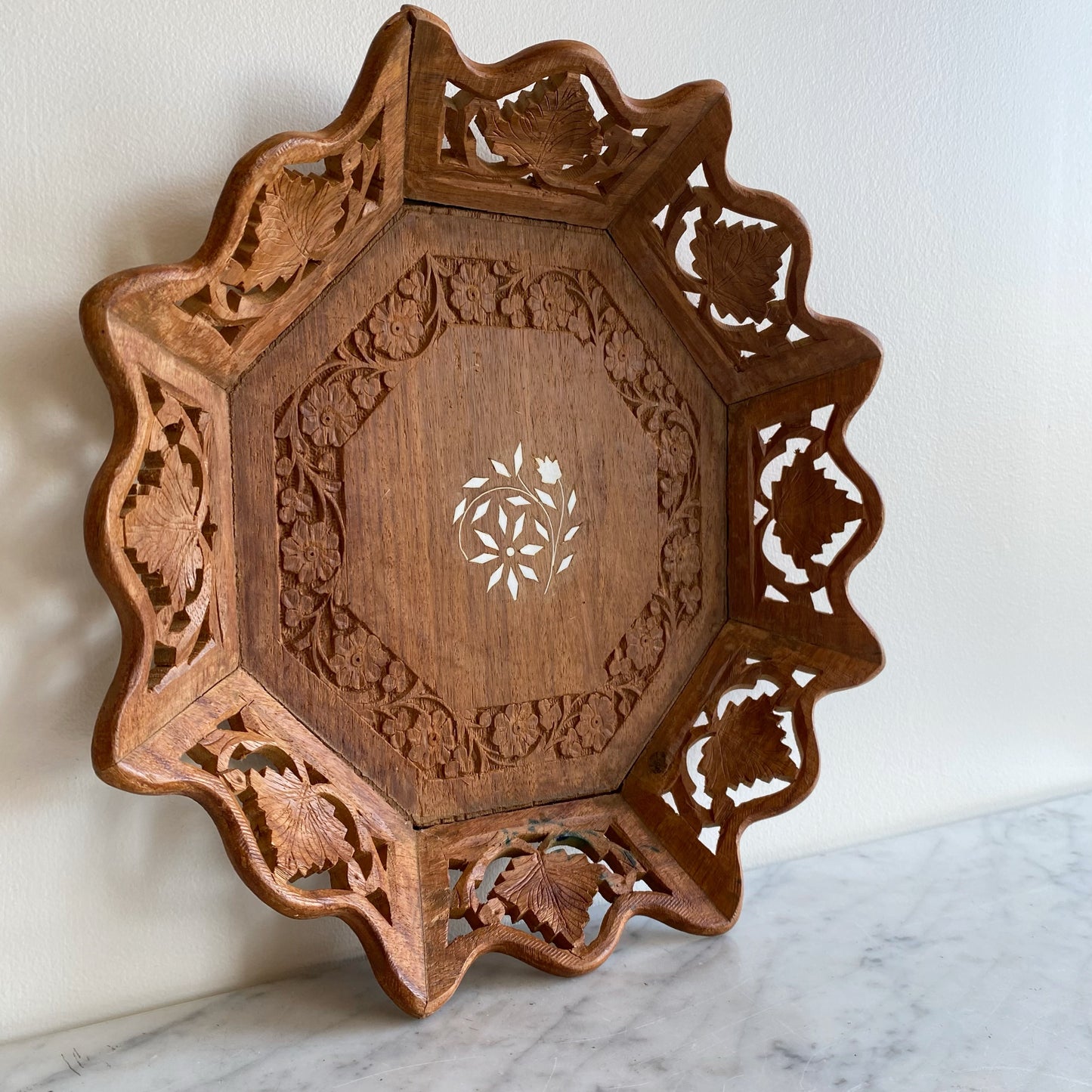 Vintage Wood Tray with Flower + Leaf Design