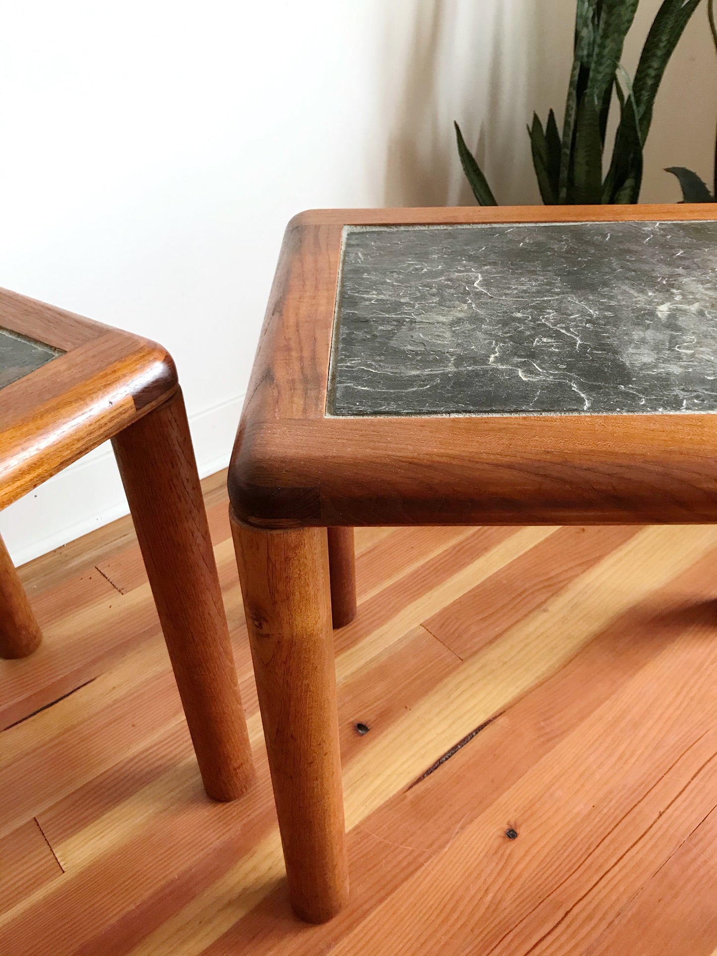 Pair of Danish Teak and Stone End Tables by Haslev
