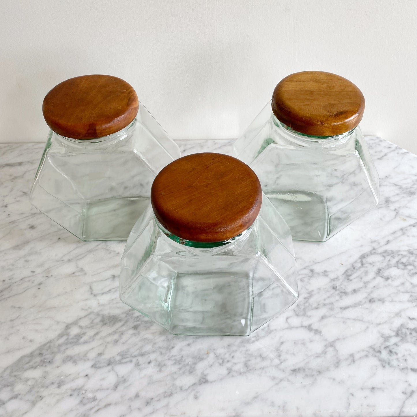 Vintage Glass Hexagon Container with Wood Lid