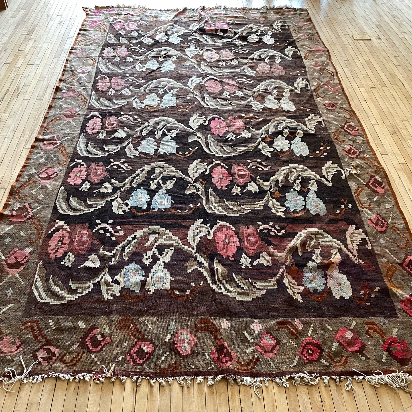 Vintage Handmade Floral Flat-Weave Rug (As-Is)