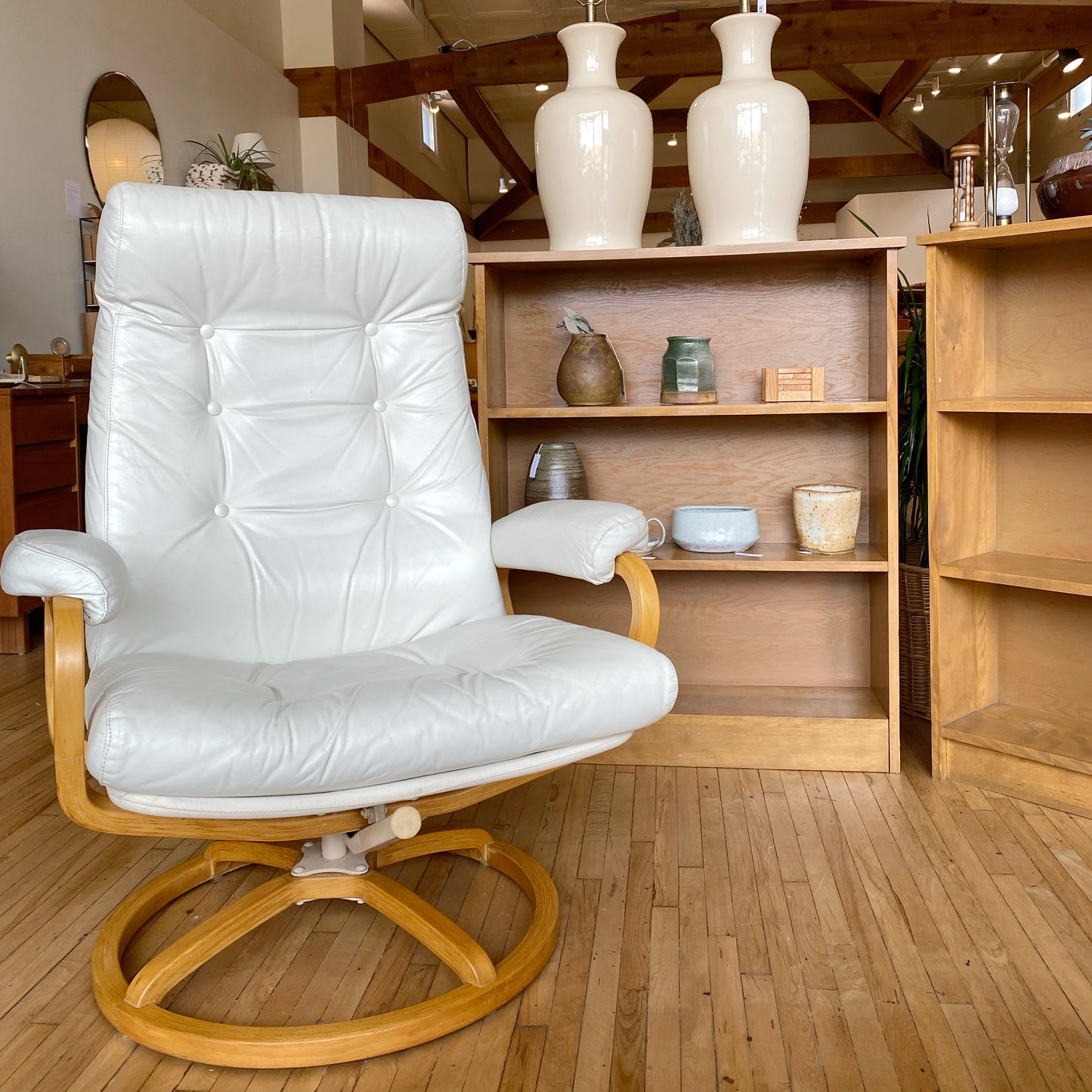 Vintage White Leather Recliner + Footrest by Plycraft