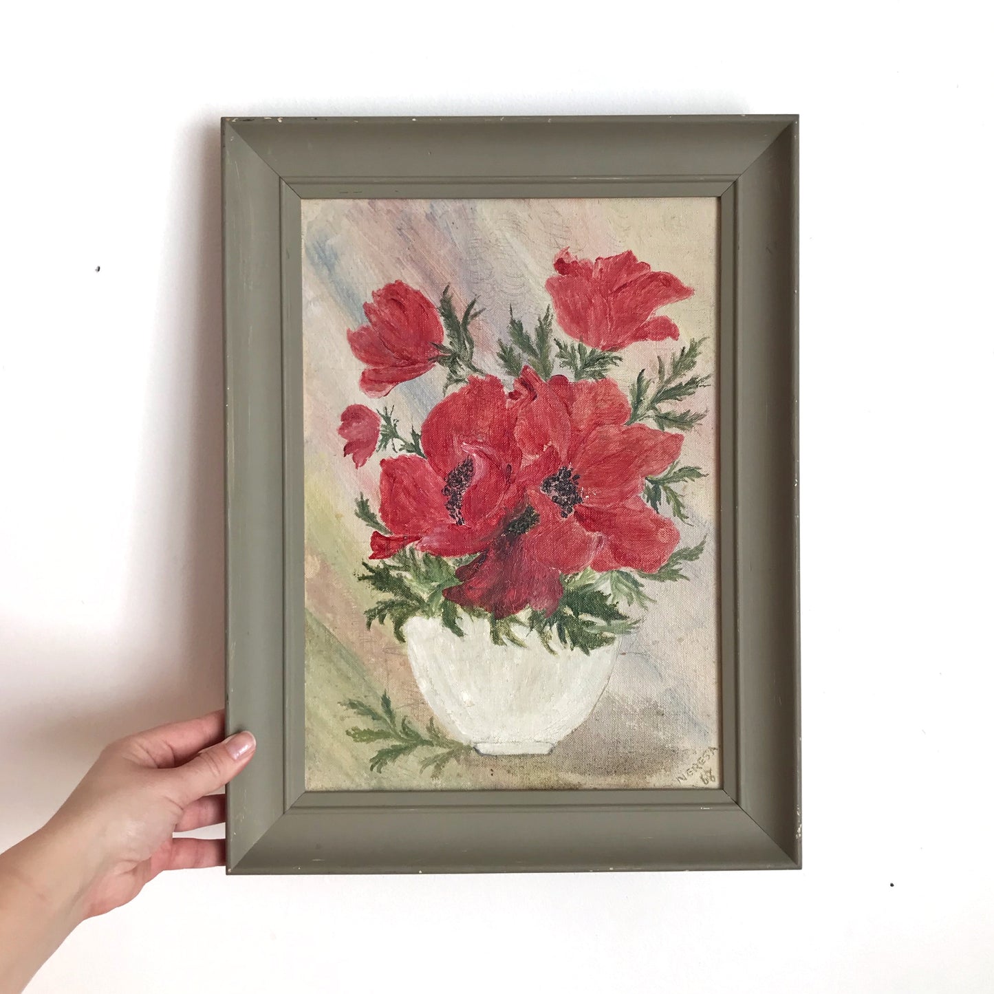 Original Still Life Poppies Painting, 1968 (13 x 17)