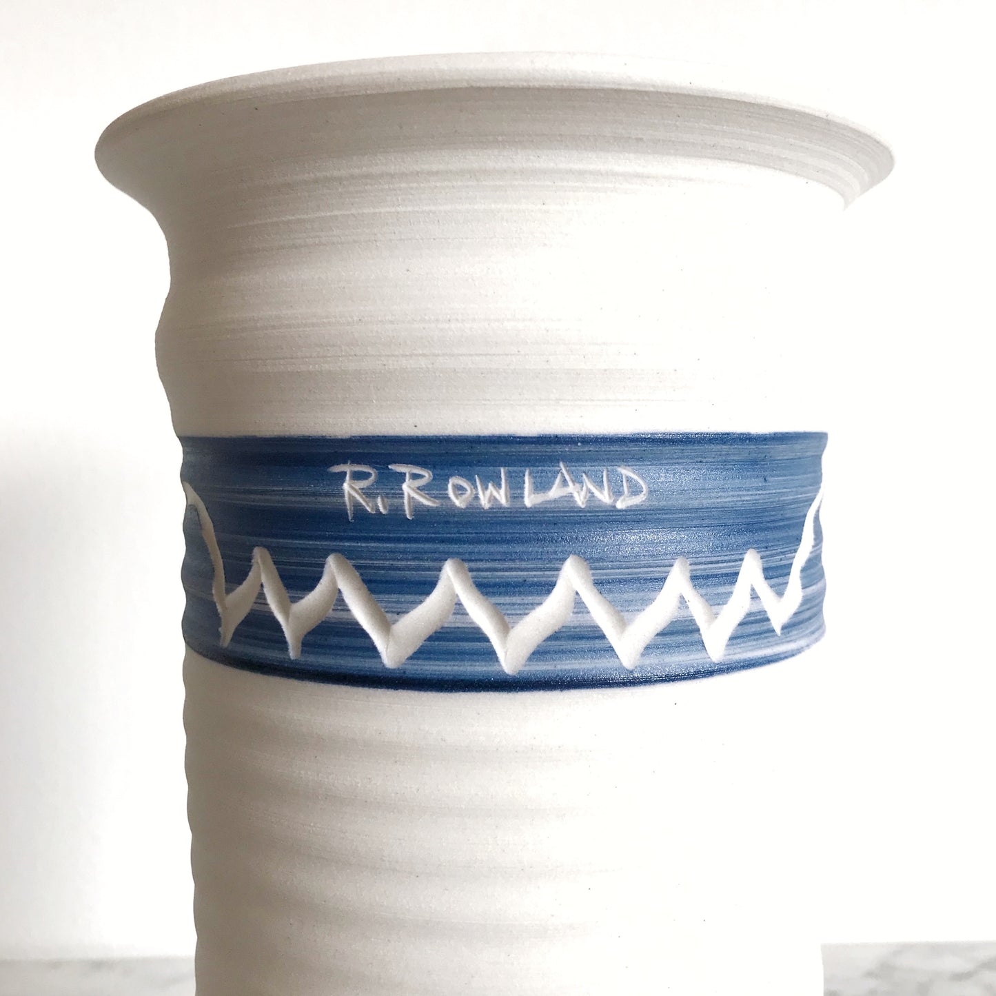 XL Stoneware Vase, White w/ Blue, R. Rowland