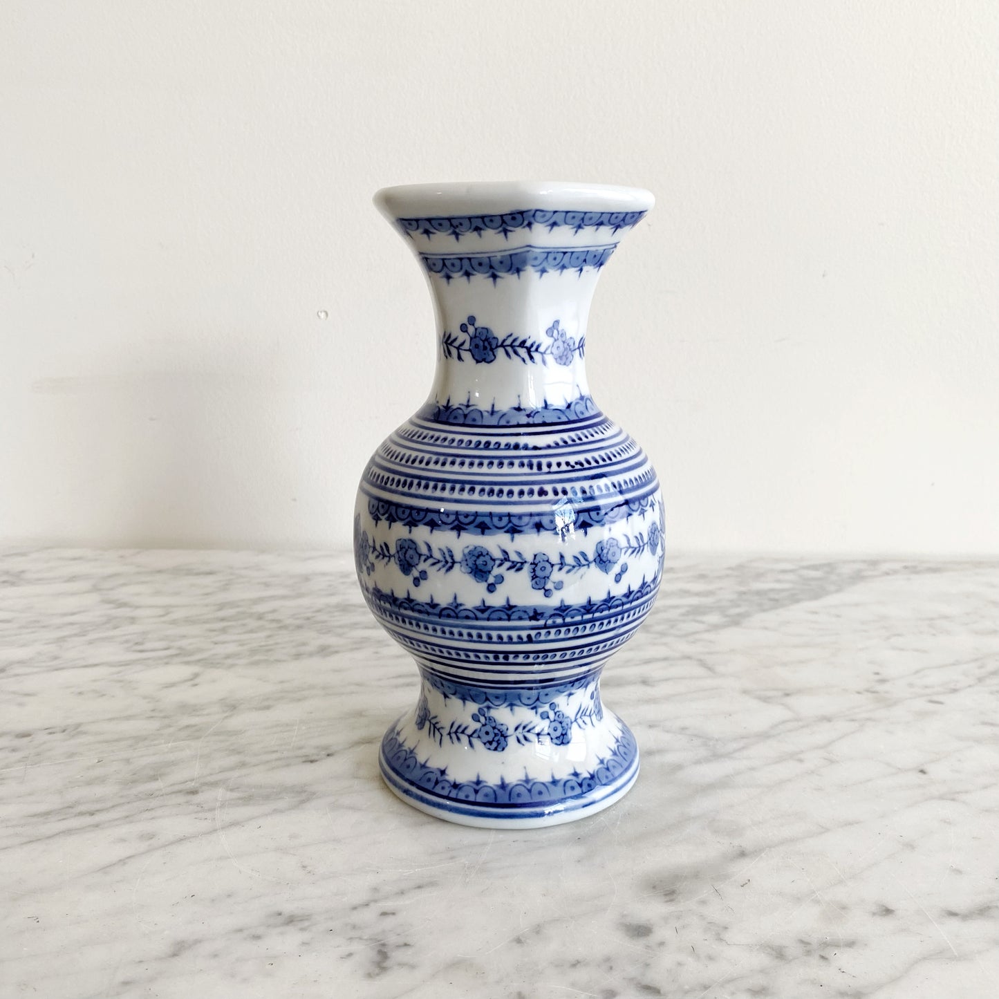 Vintage Blue + White Porcelain Vase, 8"