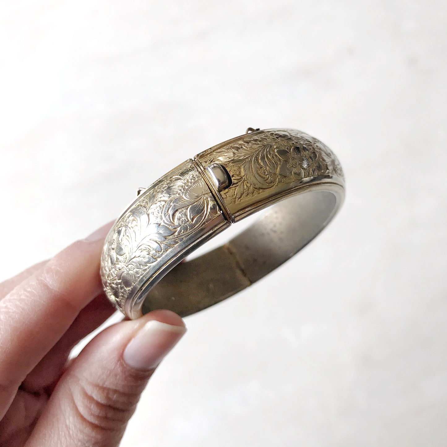 Vintage Silver Etched Floral Clip Bracelet
