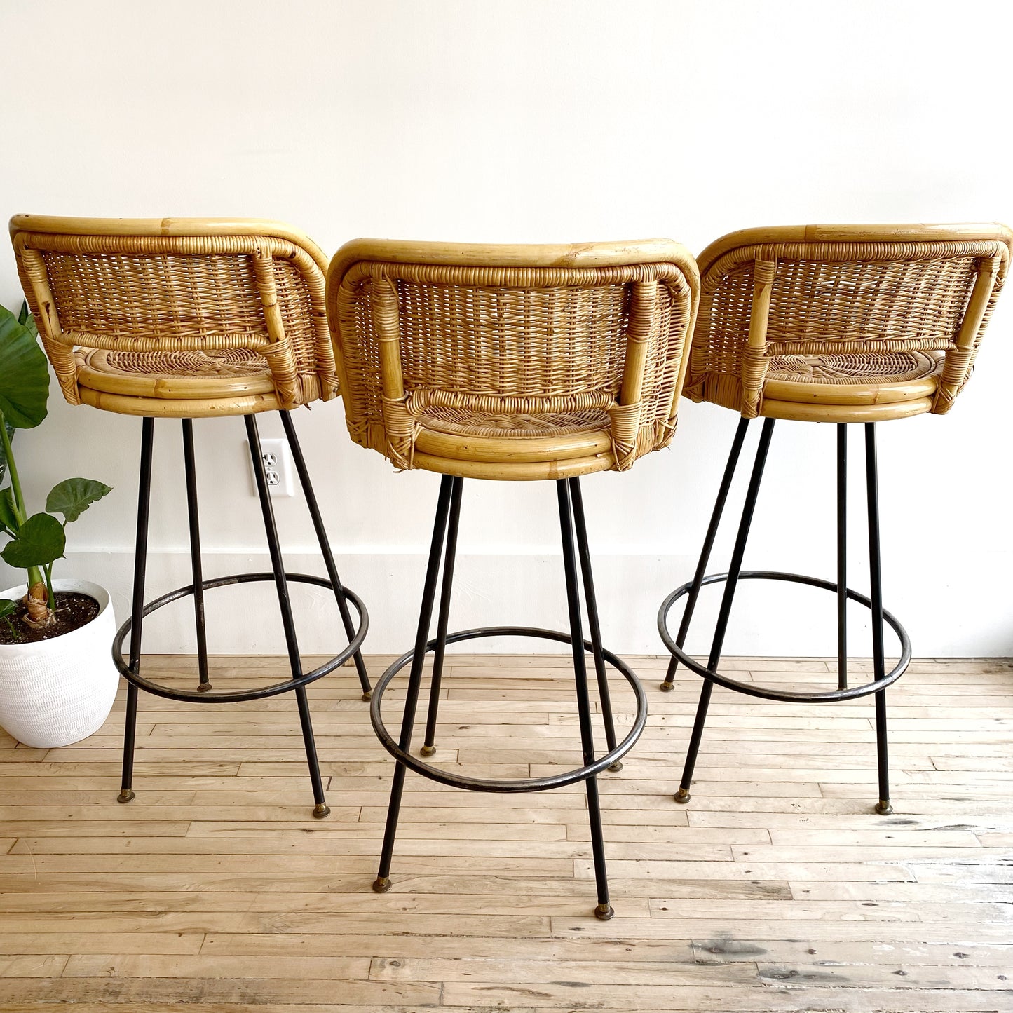 Set of 3 Vintage Mid-Century Wicker Barstools