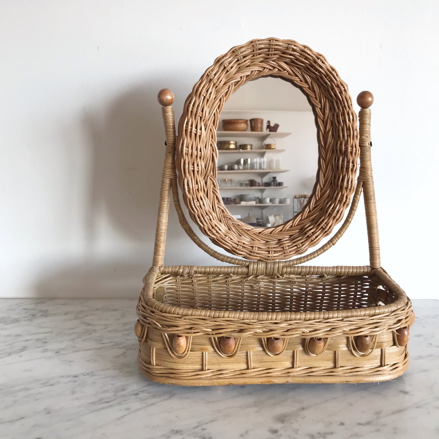 Vintage Wicker Vanity Shelf with Mirror
