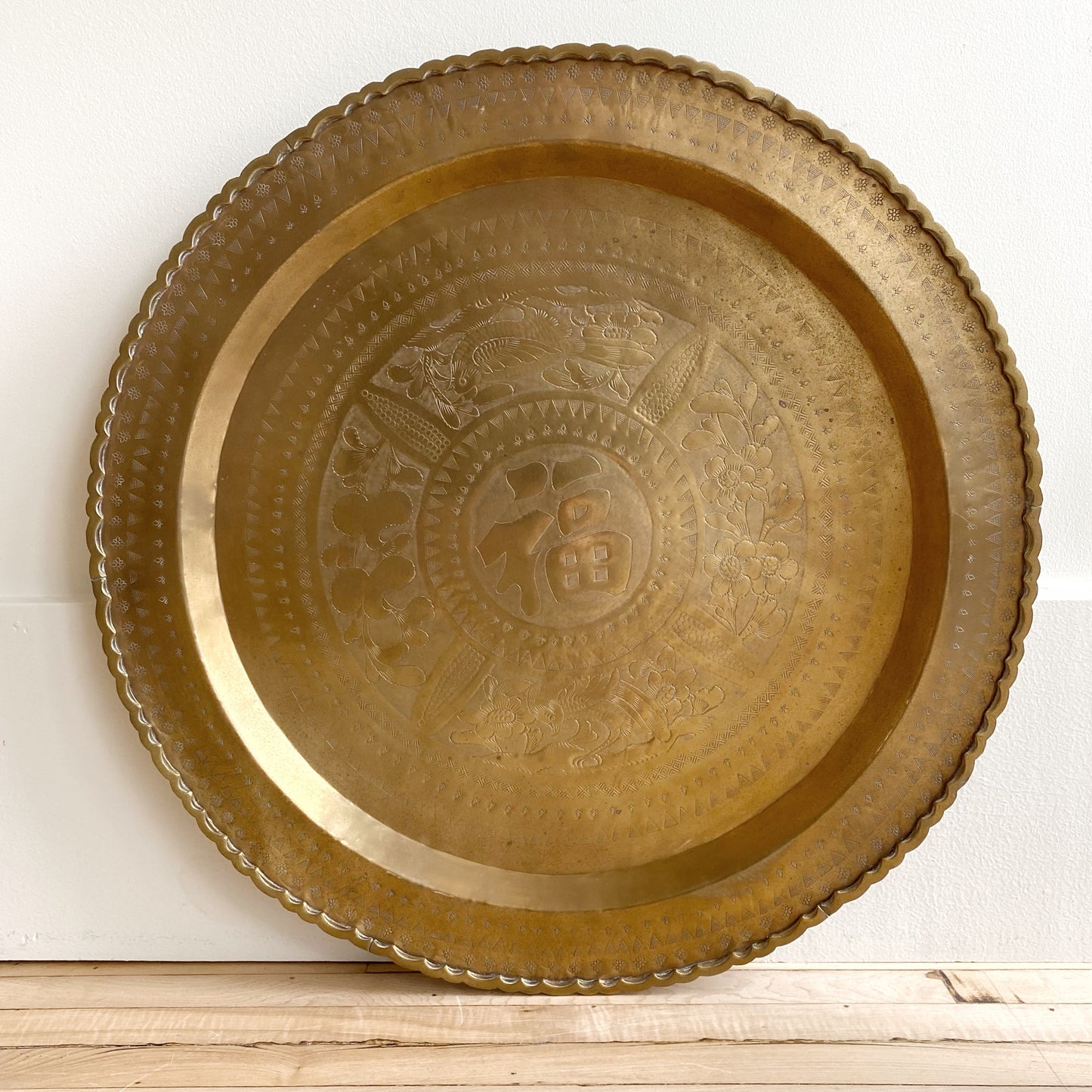 Vintage Carved Wood and Brass Tray Table
