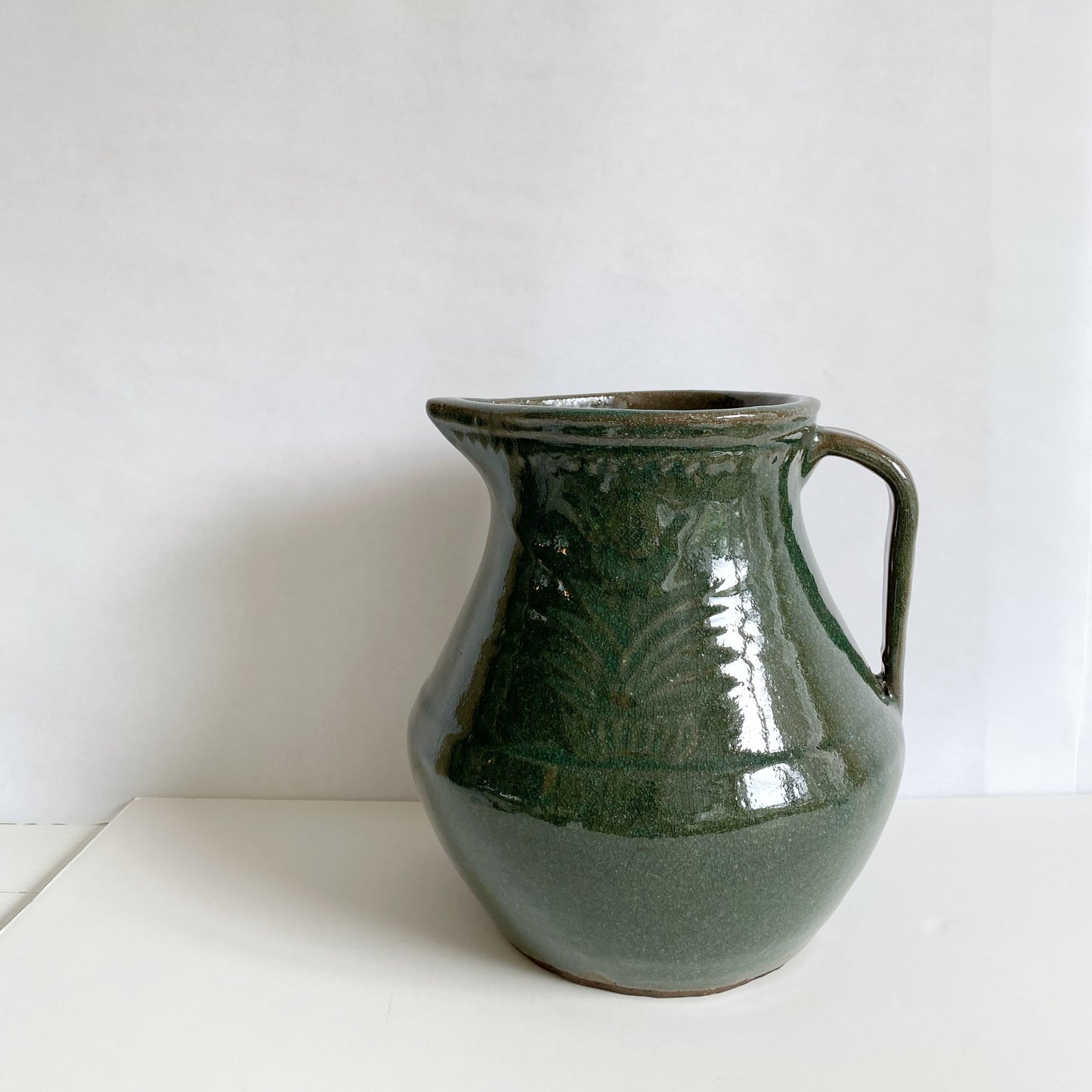 X-Large Handcrafted Green Stoneware Pitcher Vase