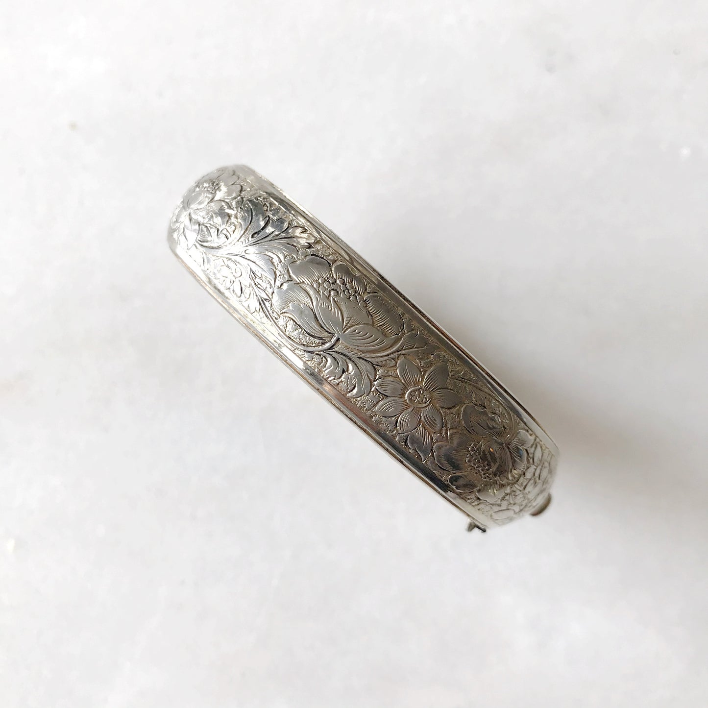 Vintage Silver Etched Floral Clip Bracelet