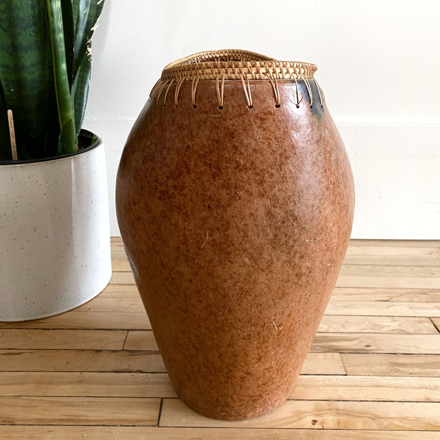 Oversized Vintage Clay Vase with Rattan Edge