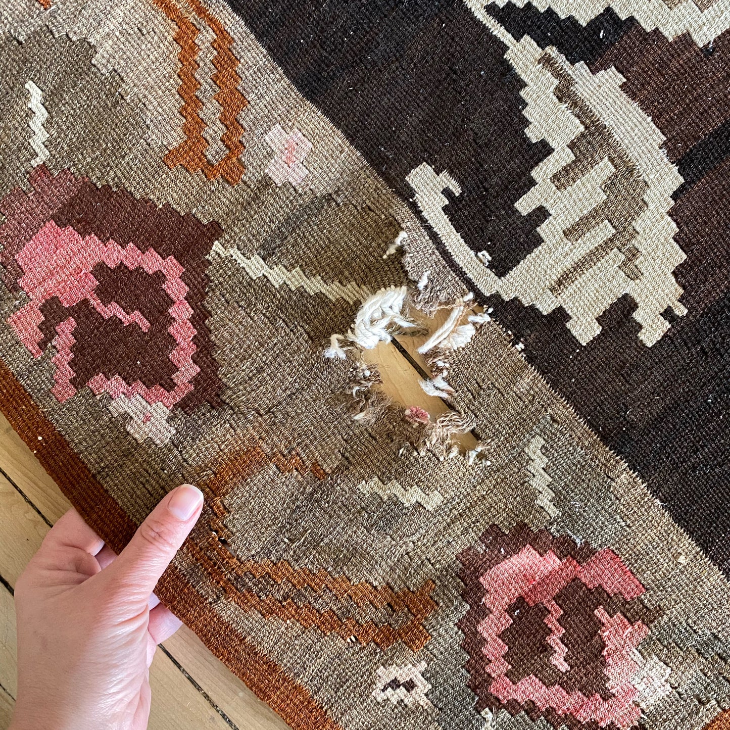 Vintage Handmade Floral Flat-Weave Rug (As-Is)