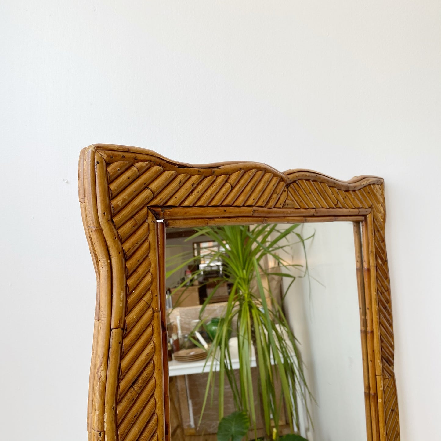 Large Vintage Rattan Mirror with Shelf (24.25" x 30")